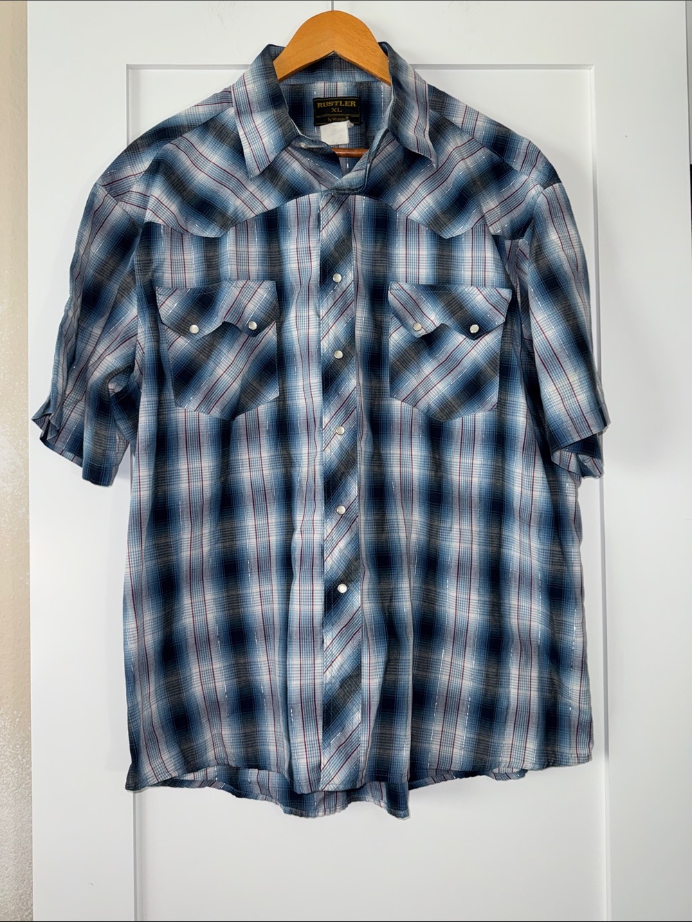 Vintage Rustler Blue & White Plaid Short Sleeve Button-Down Shirt Sz XL Cowboy